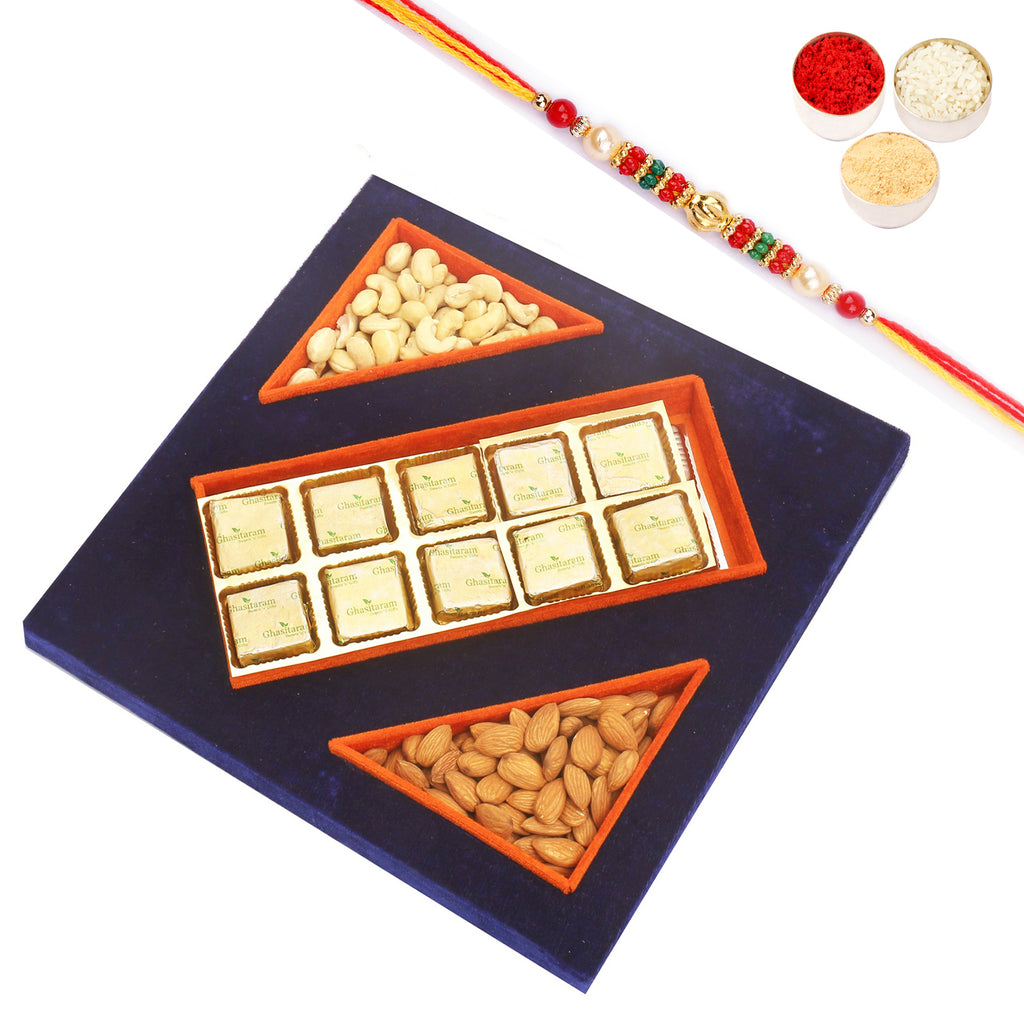 Blue Velvet Tray of Mewa Bites, Almonds and Cashew Pouches with Pearl Beads Rakhi