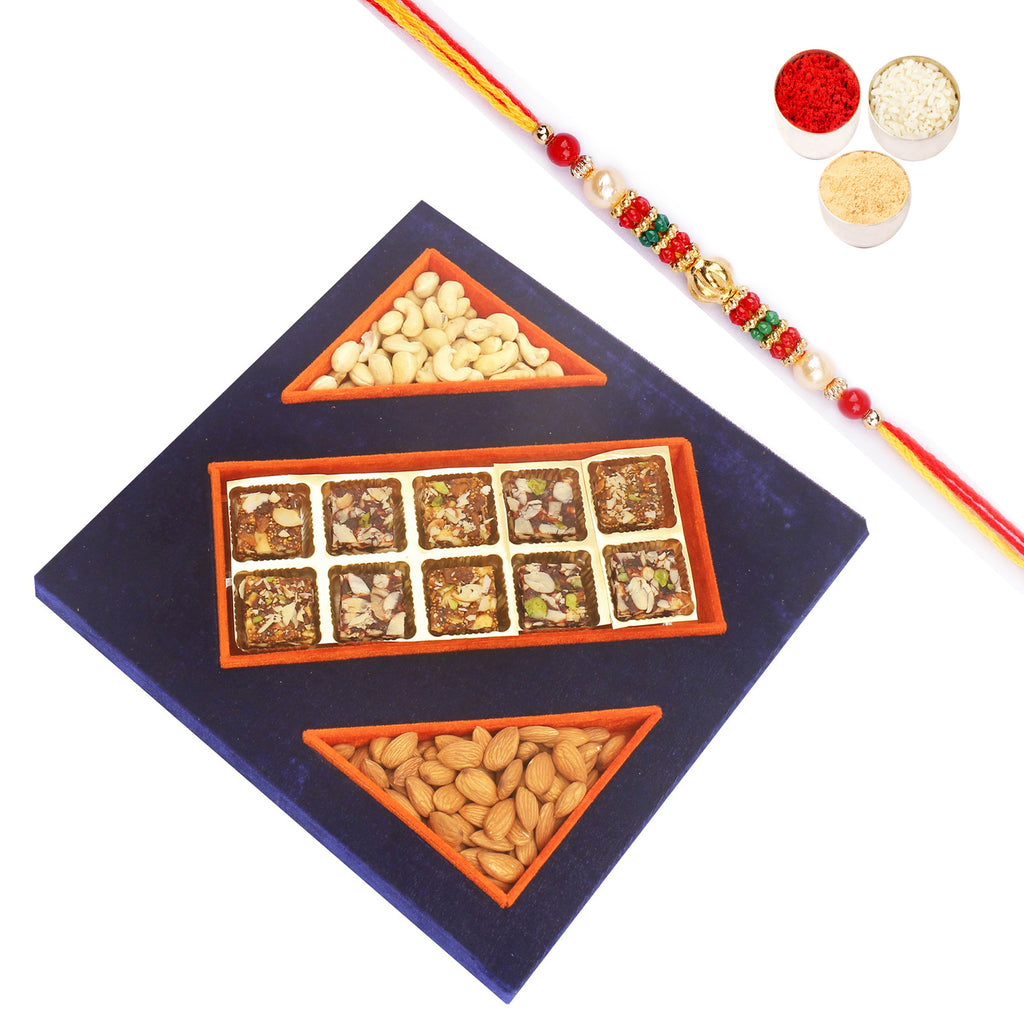Blue Velvet Tray of Sugarfree Bites, Almonds and Cashew Pouches with Pearl Beads Rakhi