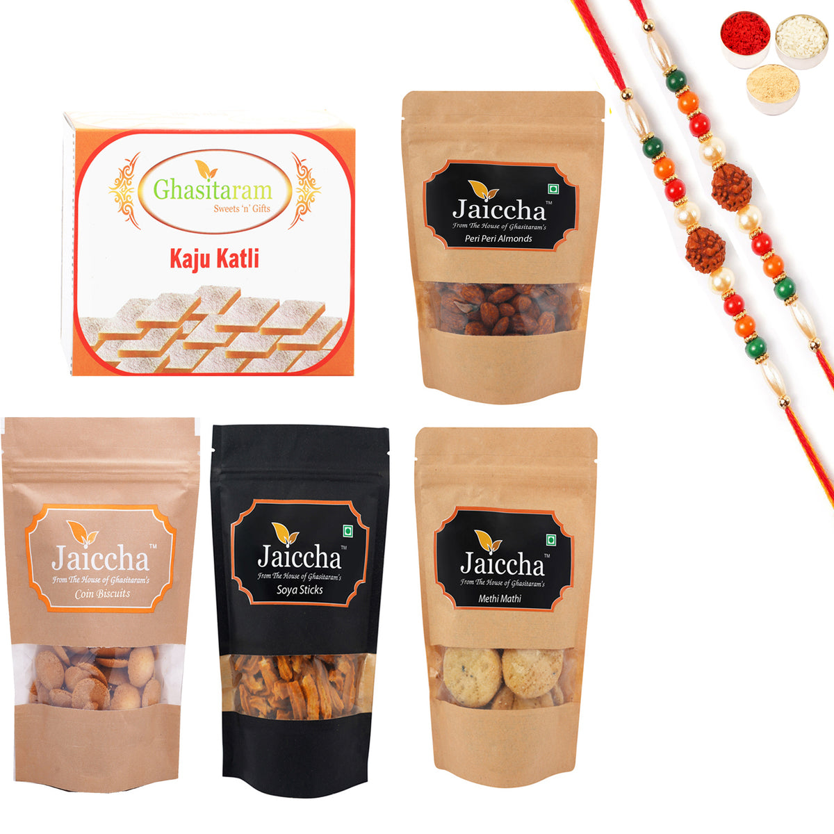 Best of 5 Butter Chakli Sticks Pouch,  Coin Biscuits Pouch, Methi Mathi Pouch, Peri Peri Almonds Pouch, Kaju katli Box with with 2 Rudraksh Rakhis