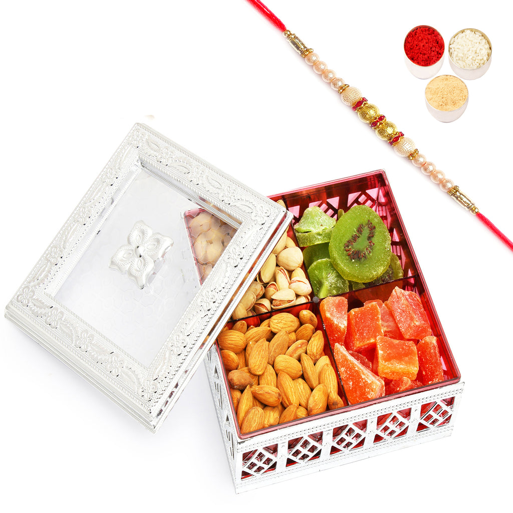 Erica Multipurpose Almonds, Pistachios, Kiwi and Papaya Box with Pearl Rakhi