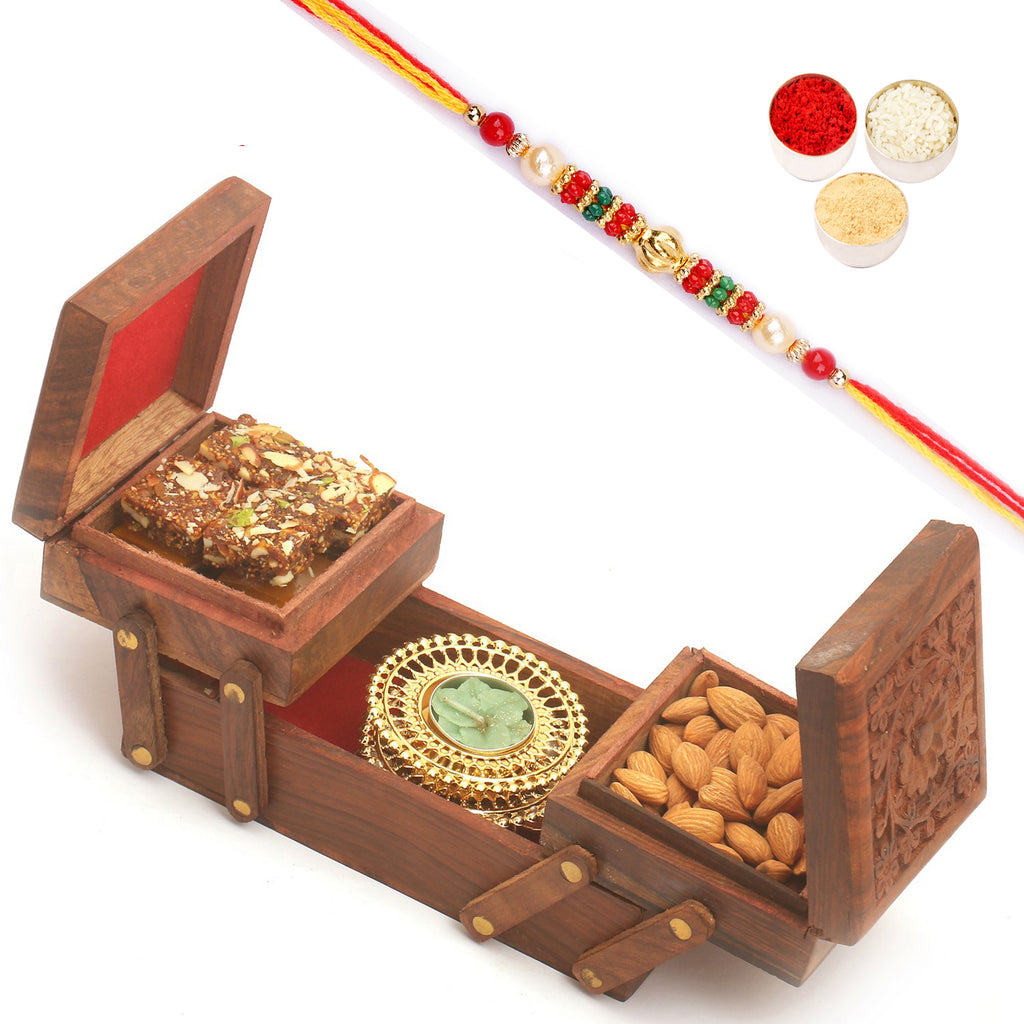 Foldable Jewelley Box of Almonds, Sugarfree Bites and 2 T-lites with Pearl Beads Rakhi