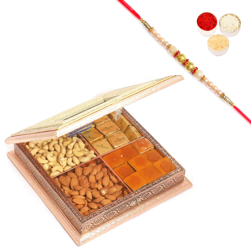 Ganpati Minakari Cashews, Almonds, Mango Bites and Chocolates Box with Pearl Rakhi