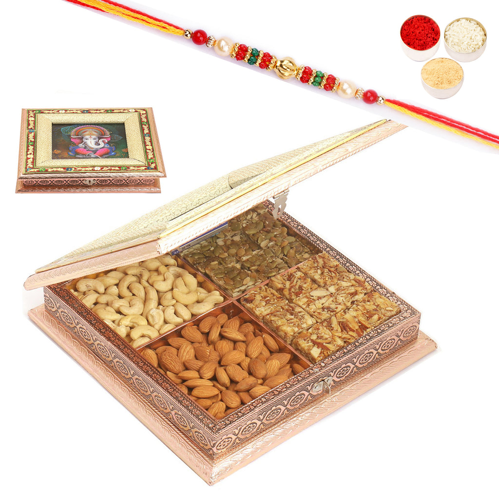 Ganpati Minakari Cashews, Almonds, Sugarfree Bites and Pumpkin Seeds Bites Box with Pearl Beads Rakhi