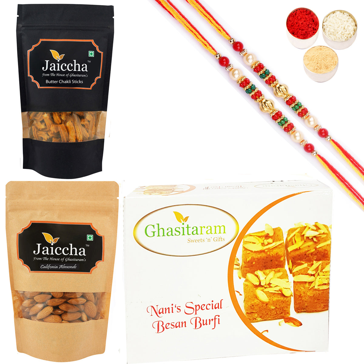Best of 3 Besan Barfi, Butter Chakli Sticks Pouch and Almonds Pouch with 2 Pearl Beads Rakhis