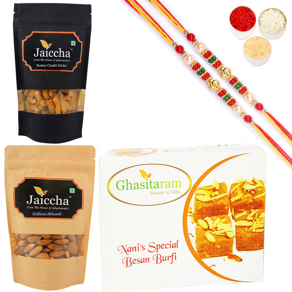 Best of 3 Besan Barfi, Butter Chakli Sticks Pouch and Almonds Pouch with 2 Pearl Beads Rakhis