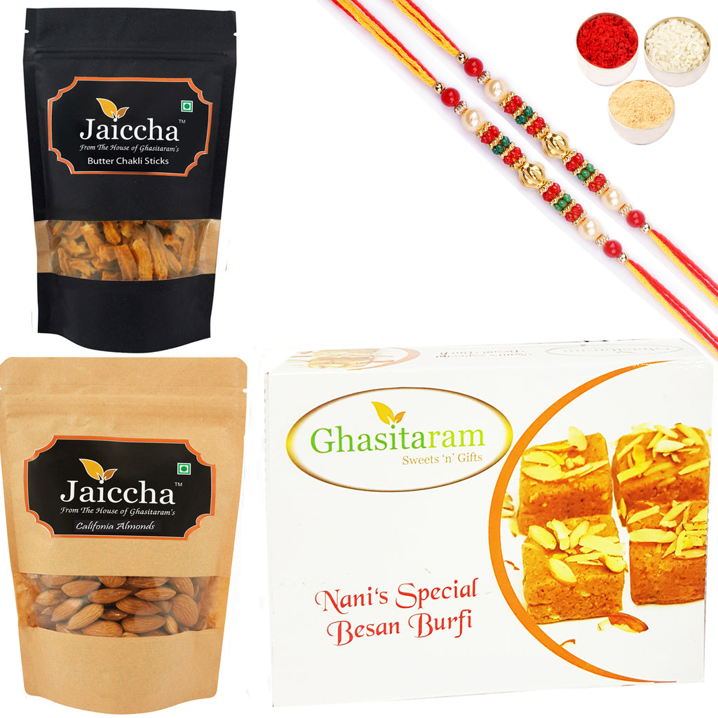 Best of 3 Besan Barfi, Methi Mathi Pouch and Almonds Pouch with 2 Pearl Beads Rakhis