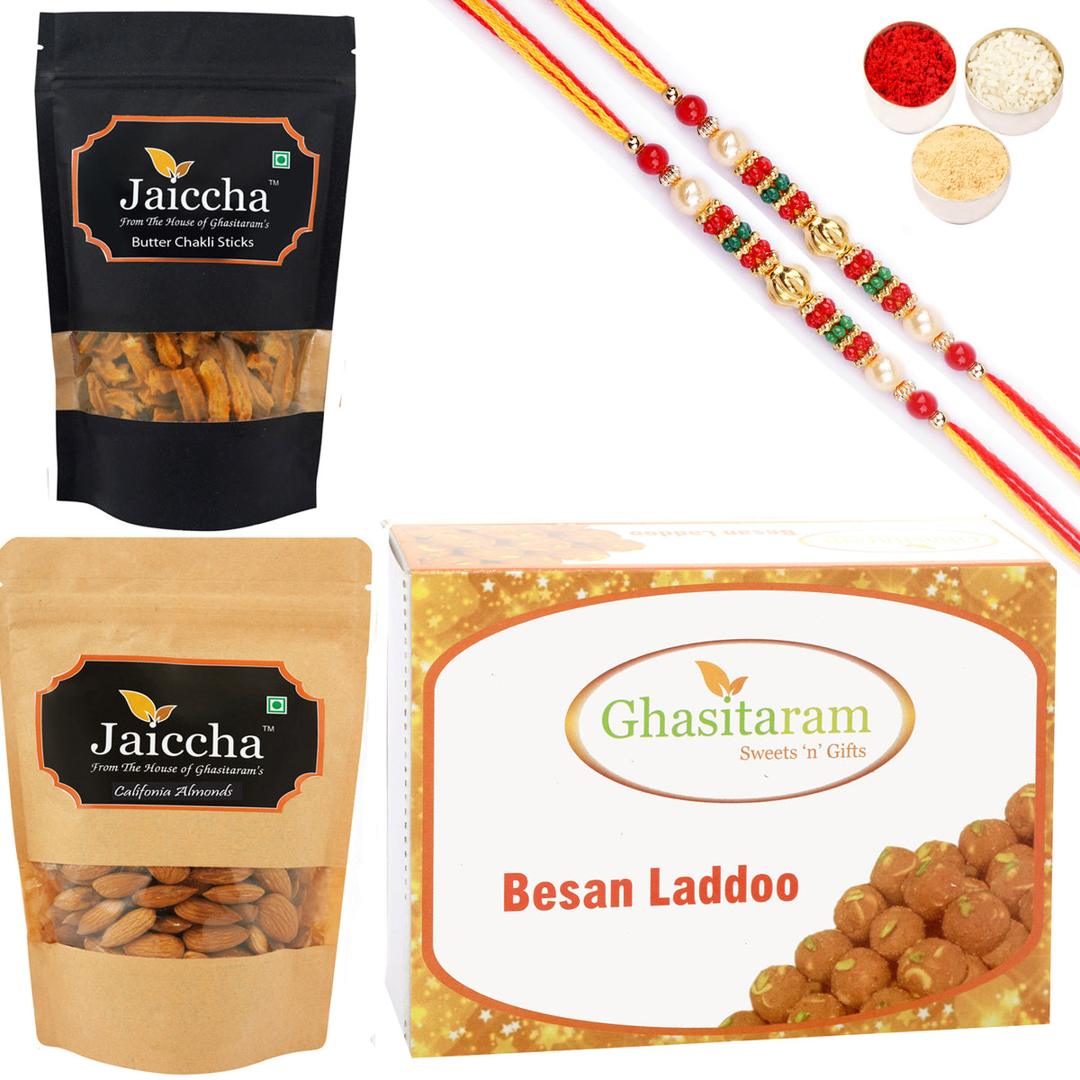 Best of 3 Besan Laddoo, Butter Chakli Sticks Pouch and Almonds Pouch with 2 Pearl Beads Rakhis