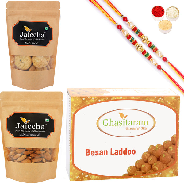 Best of 3 Besan Laddoo, Methi Mathi Pouch and Almonds Pouch with 2 Pearl Beads Rakhis