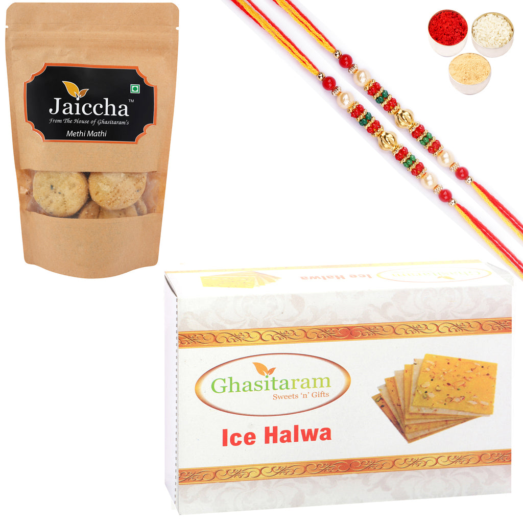 Best of 2 Ice halwa and Methi Mathi Pouch with 2 Pearl Beads Rakhis