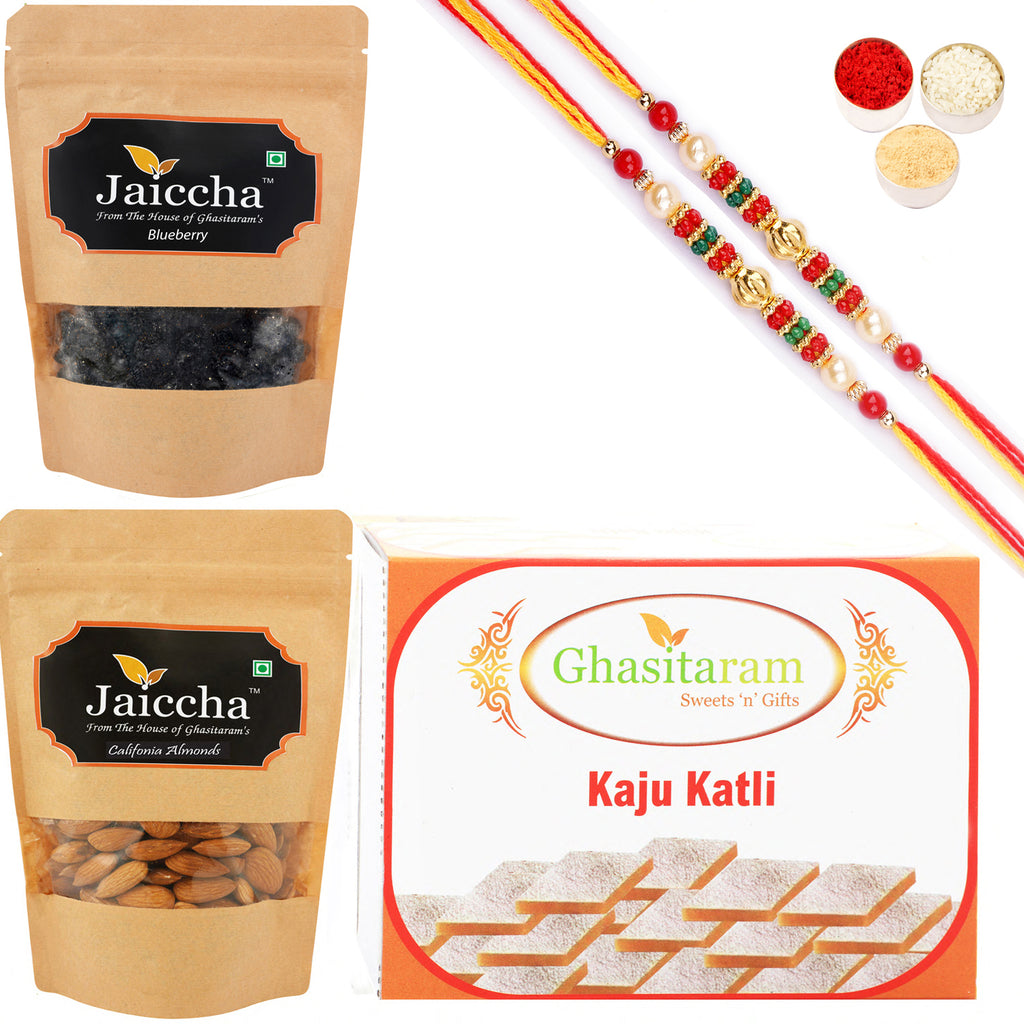 Kaju Katli ,Blueberry and Almonds Pouch with 2 Pearl Beads Rakhis