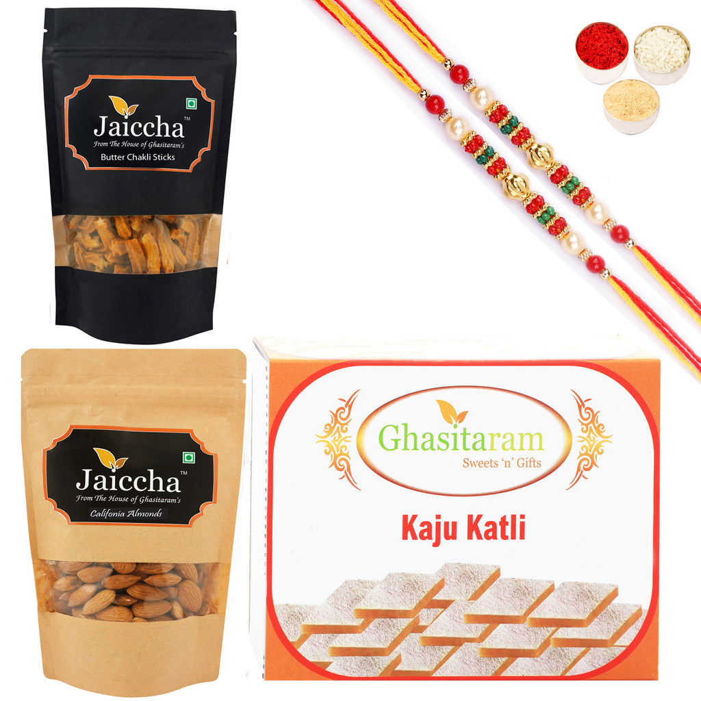 Best of 3 Kaju Katli, Butter Chakli Sticks Pouch and Almonds Pouch with 2 Pearl Beads Rakhis