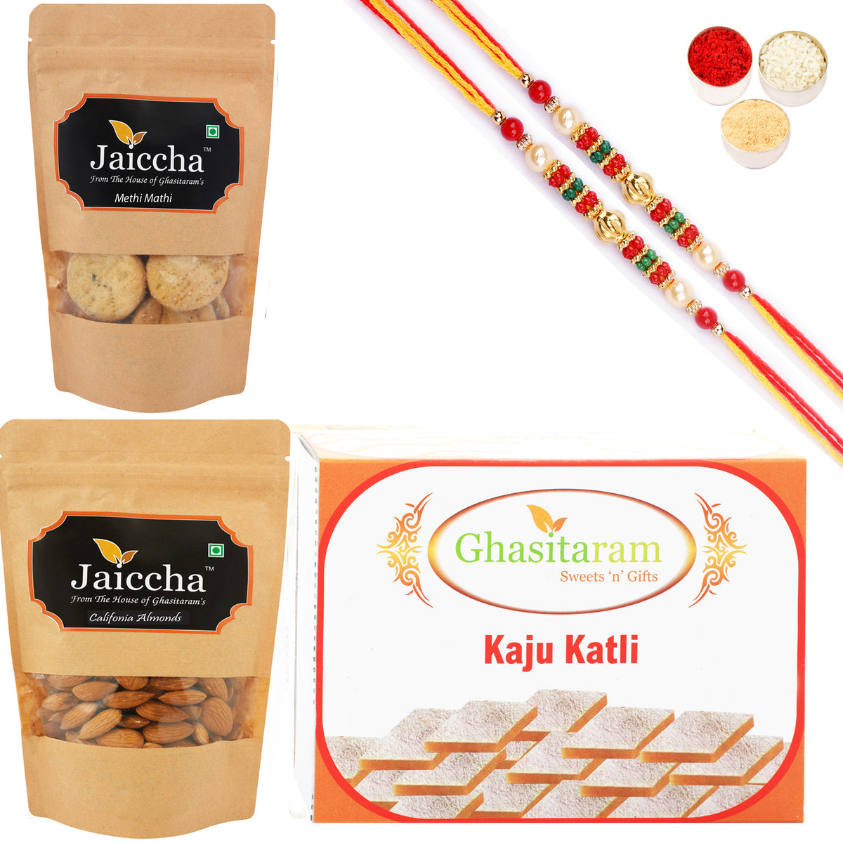 Best of 3 Kaju Katli, Methi Mathi Pouch and Almonds Pouch with 2 Pearl Beads Rakhis