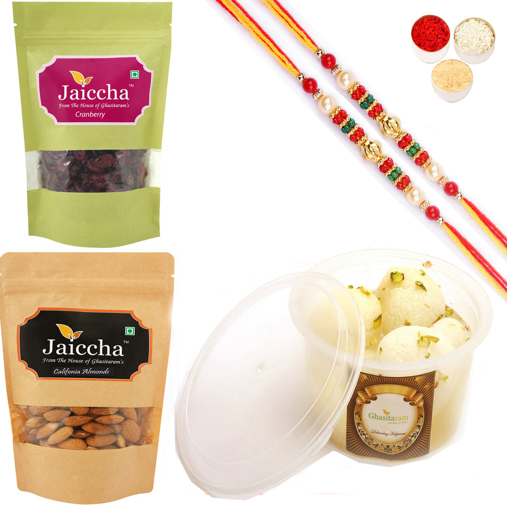 Rasgulla ,Cranberry and Almonds Pouch with 2 Pearl Beads Rakhis