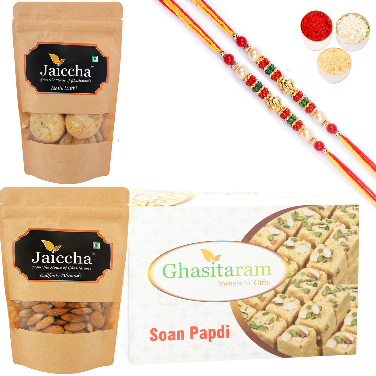 Best of 3 Soan Papdi, Methi Mathi Pouch and Almonds Pouch with 2 Pearl Beads Rakhis