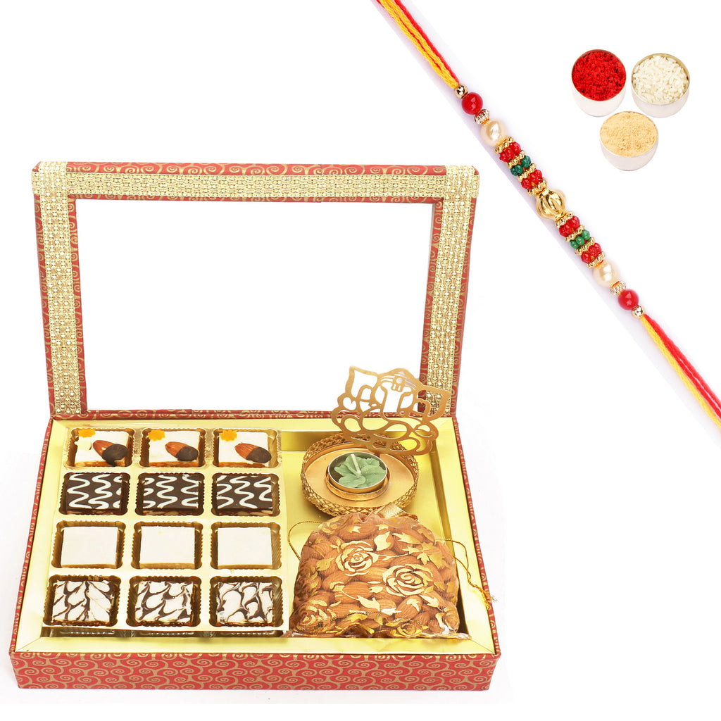 12 pcs Assorted Choco Dryfruit Bites,  Shadow Ganesha T-Lite and Almonds Pouch Hamper Box with Pearl Beads Rakhi