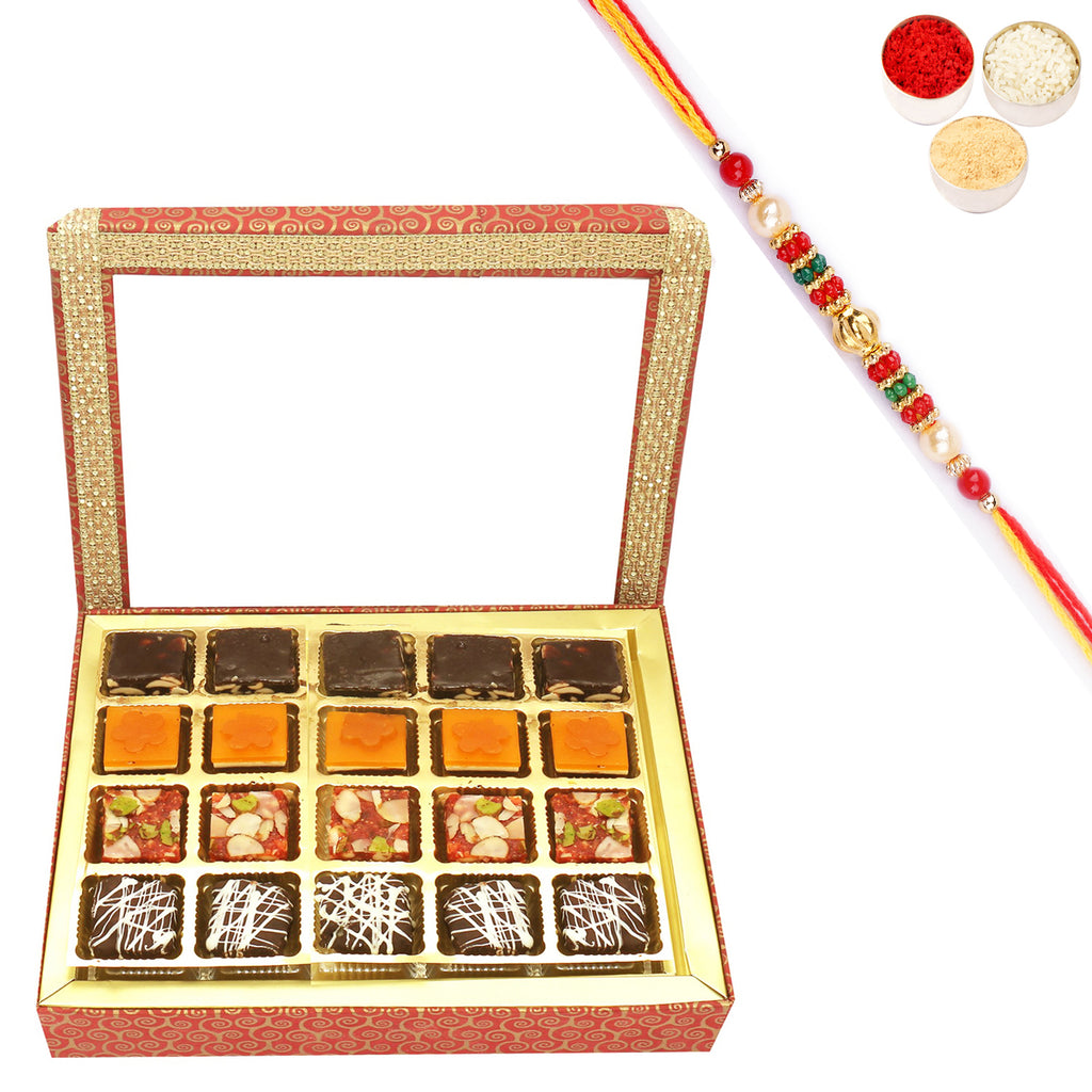 20 pcs Ghasitaram Special Bites Hamper Box with Pearl Beads Rakhi