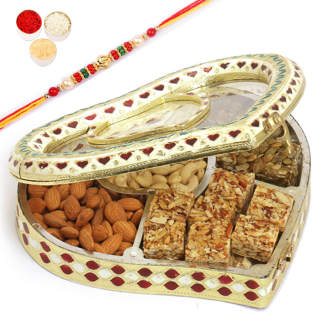 Heart Minakari Cashews, Almonds, Sugarfree Bites and Pumpkin Seeds Bites Box with Pearl Beads Rakhi