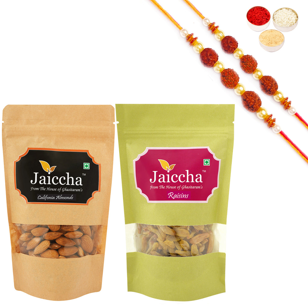 Almonds 100 gms and Raisins 100 gms Pouches with 2 Rudraksh Rakhis