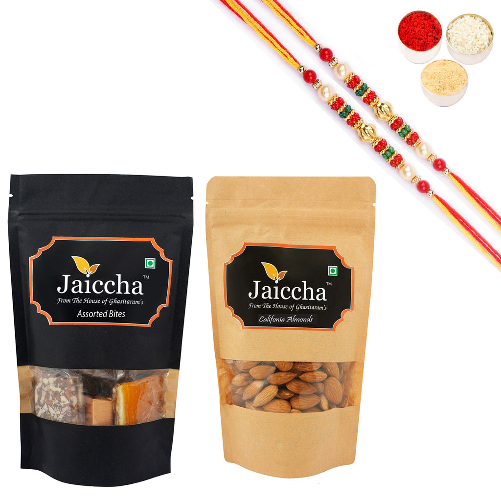 Pack of 2 Assorted Bites 100 gms and Almonds 100 gms Pouches with 2 Pearl Beads Rakhis