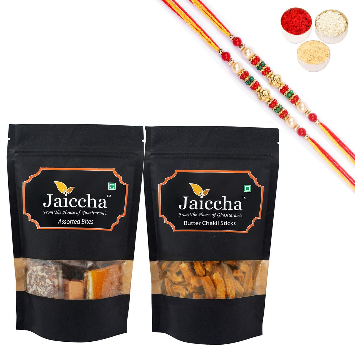 Best of 2 Assorted Bites 200 gms and Butter Chakli Sticks 100 gms pouch with 2 Pearl Beads Rakhis