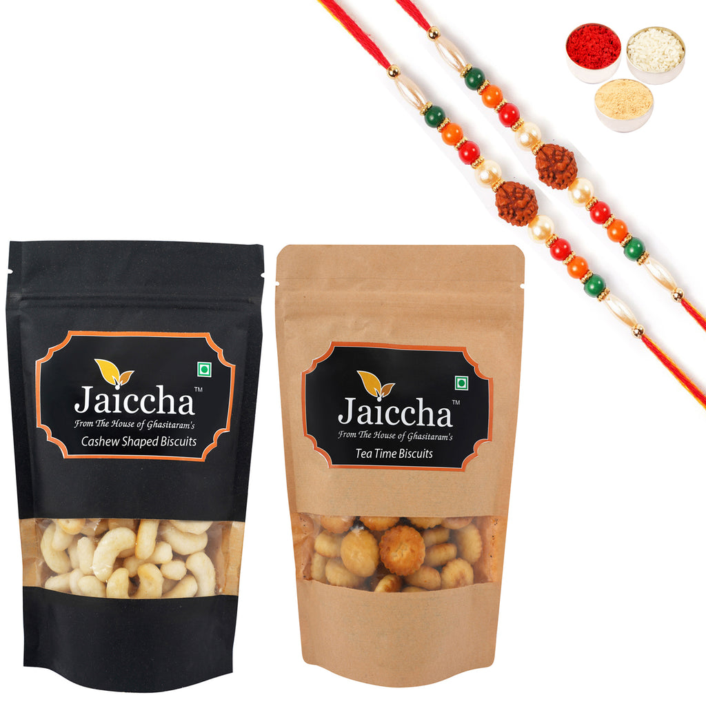 Pack of 2 Cashew Shaped Biscuits and Tea Time Biscuits with 2 Rudraksh Rakhis