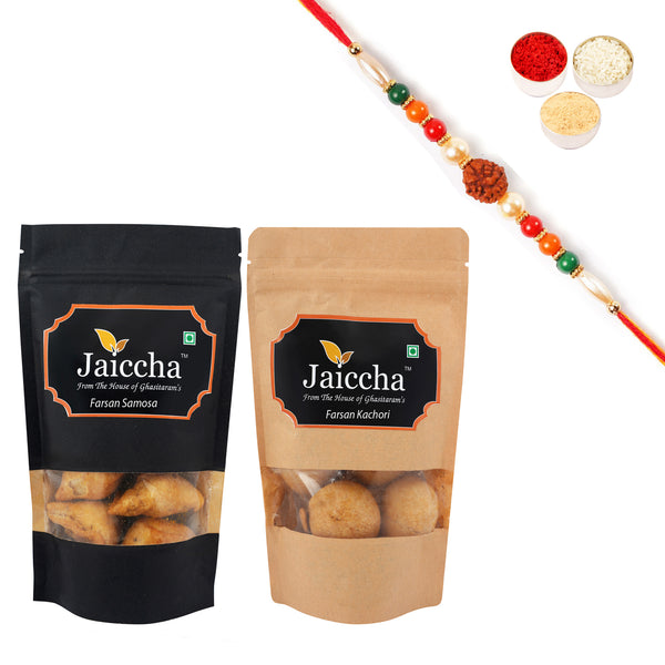 Pack of 2 Farsan Samosa and Farsan Kachori with Rudraksh Rakhi