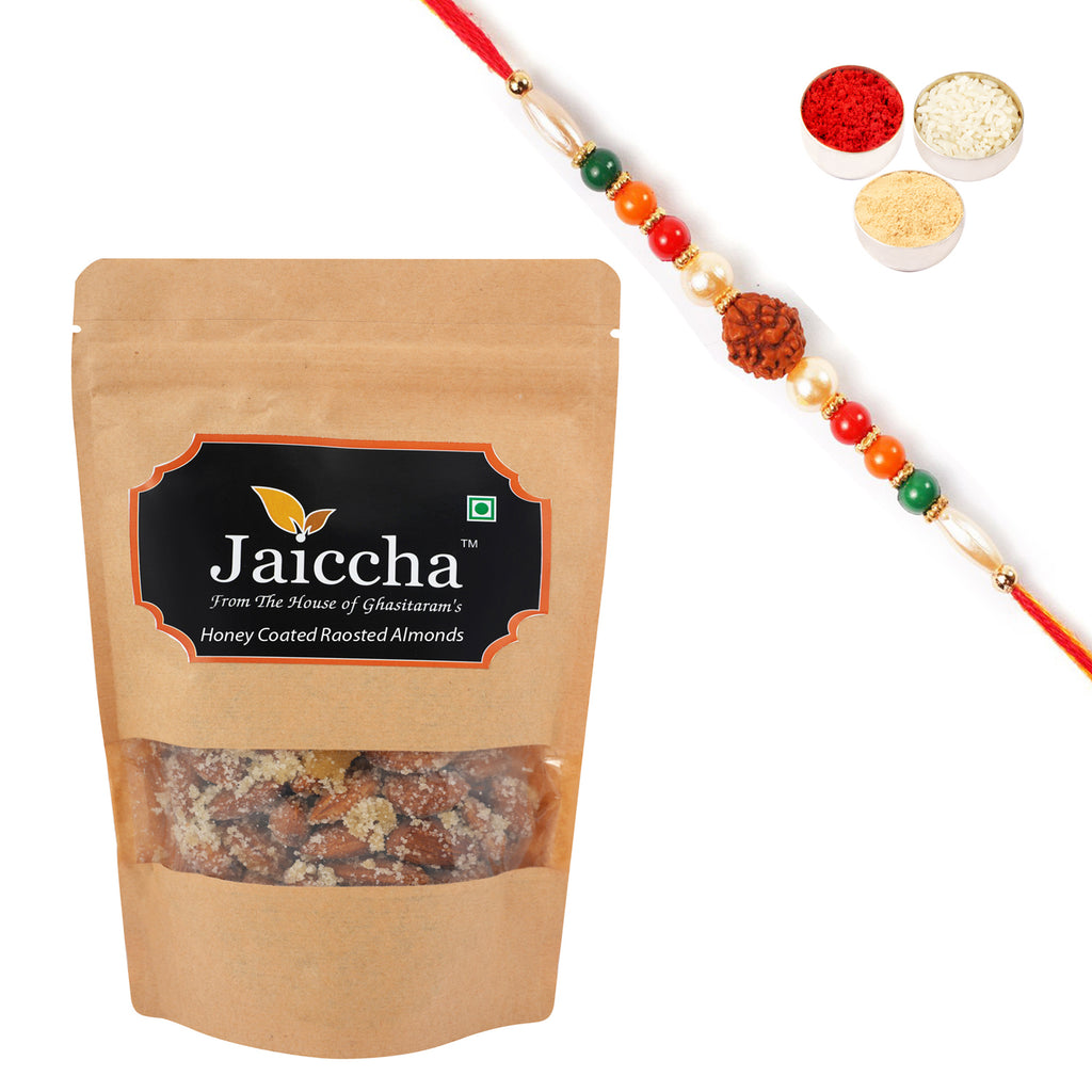 Honey Coated Roasted Almonds 200 gms  in Brown Paper Pouch with Rudraksh Rakhi