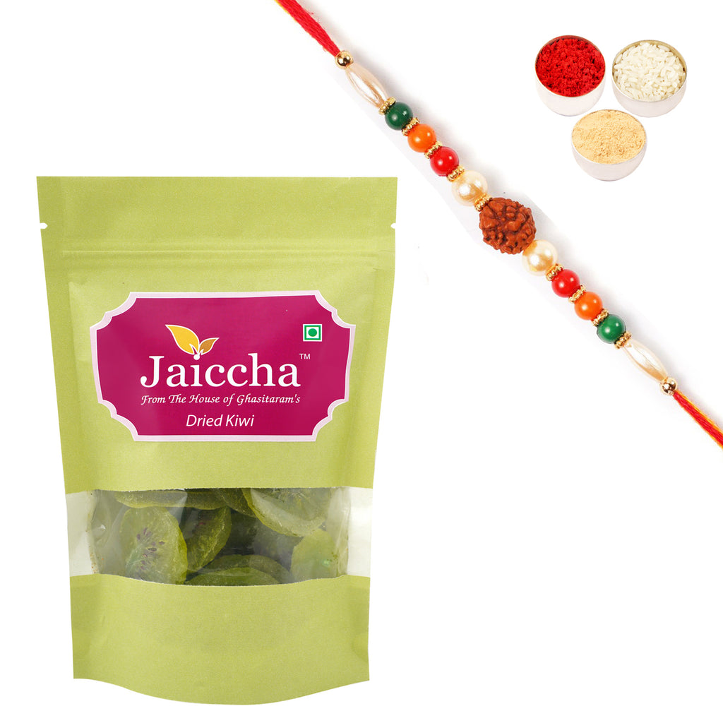 Dried Kiwi 200 gms in Green Paper Pouch with Rudraksh Rakhi