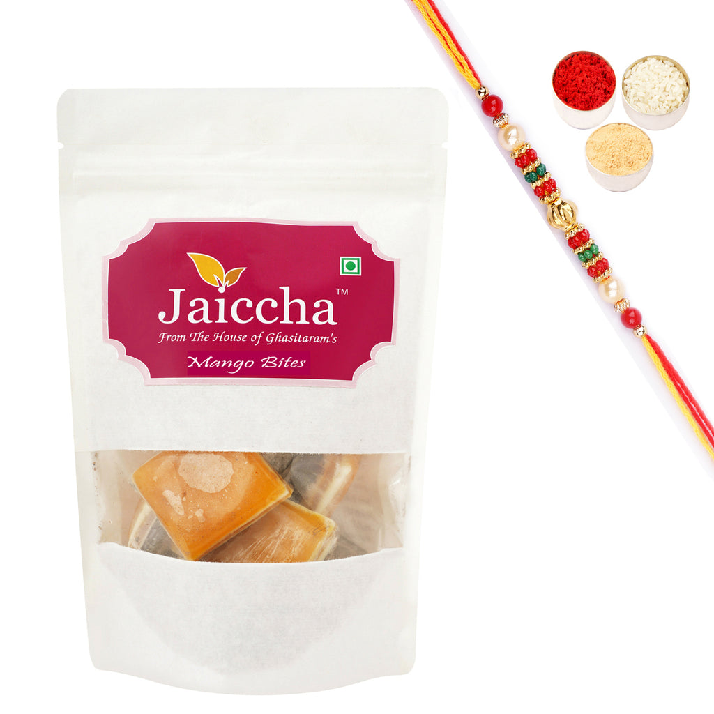 Mango Bites 200 gms in White Paper Pouch with Beads  Rakhi