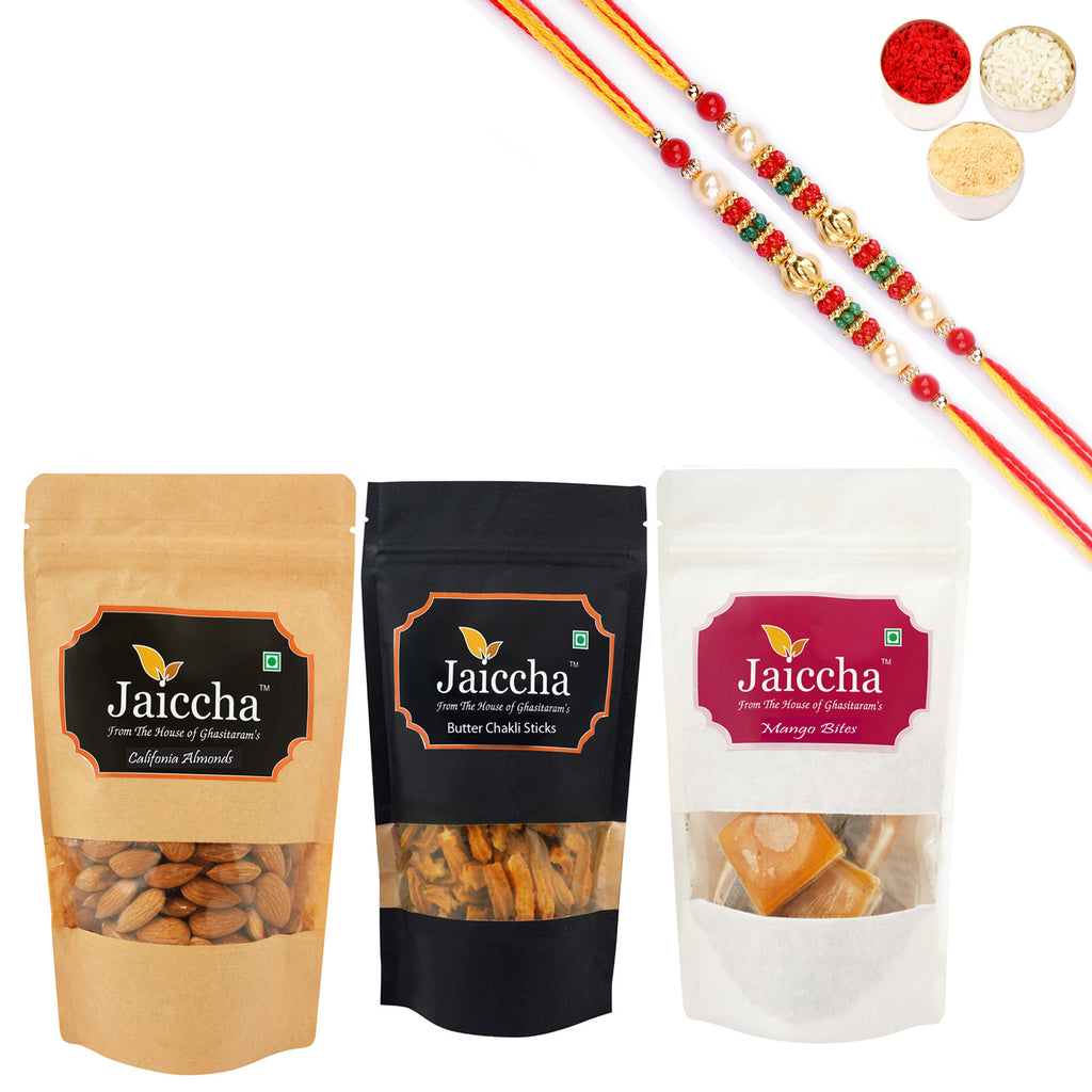 Best of 3 Mango Bites 200 gms, Butter Chakli Sticks 100 gms Pouch and Almonds 100 gms Pouch with 2 Pearl Beads Rakhis