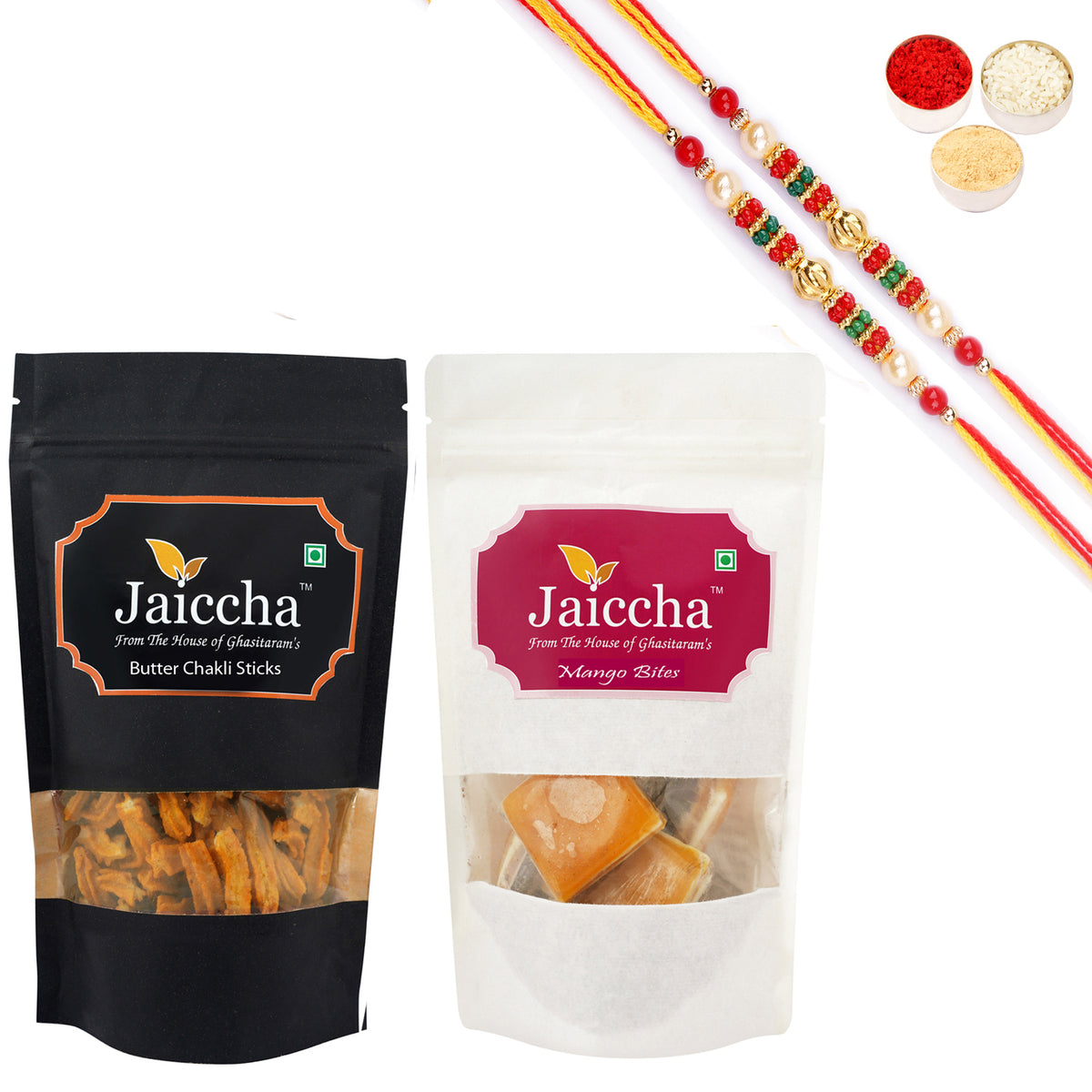 Best of 2 Mango Bites 200 gms and Butter Chakli Sticks 100 gms Pouch with 2 Pearl Beads Rakhis