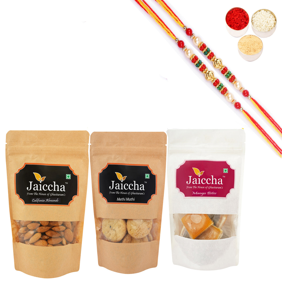 Best of 3 Mango Bites 200 gms , Methi Mathi 150 gms Pouch and Almonds 100 gms Pouch with 2 Pearl Beads Rakhis