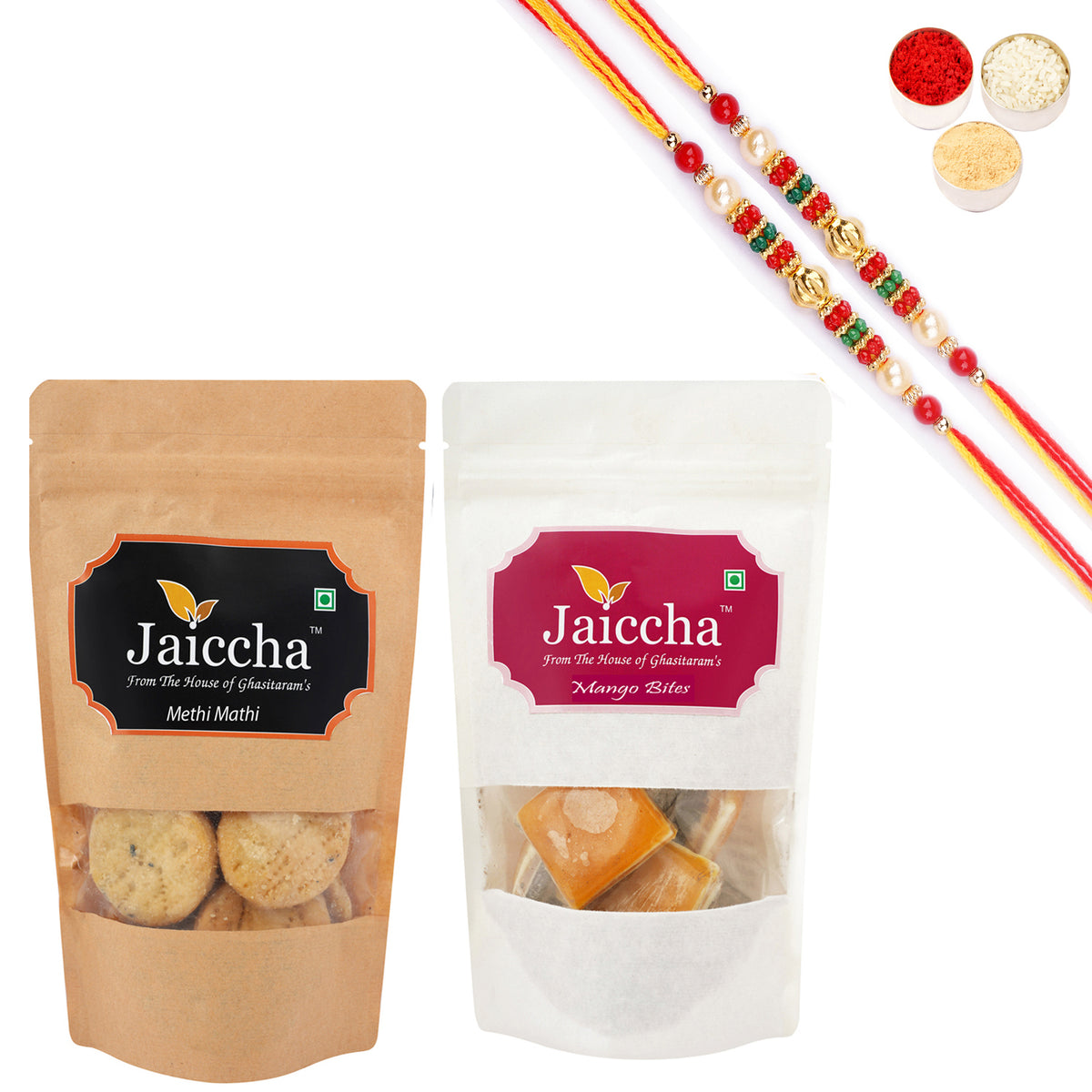 Best of 2 Mango Bites 200 gms and Methi Mathi 150 gms Pouch with 2 Pearl Beads Rakhis