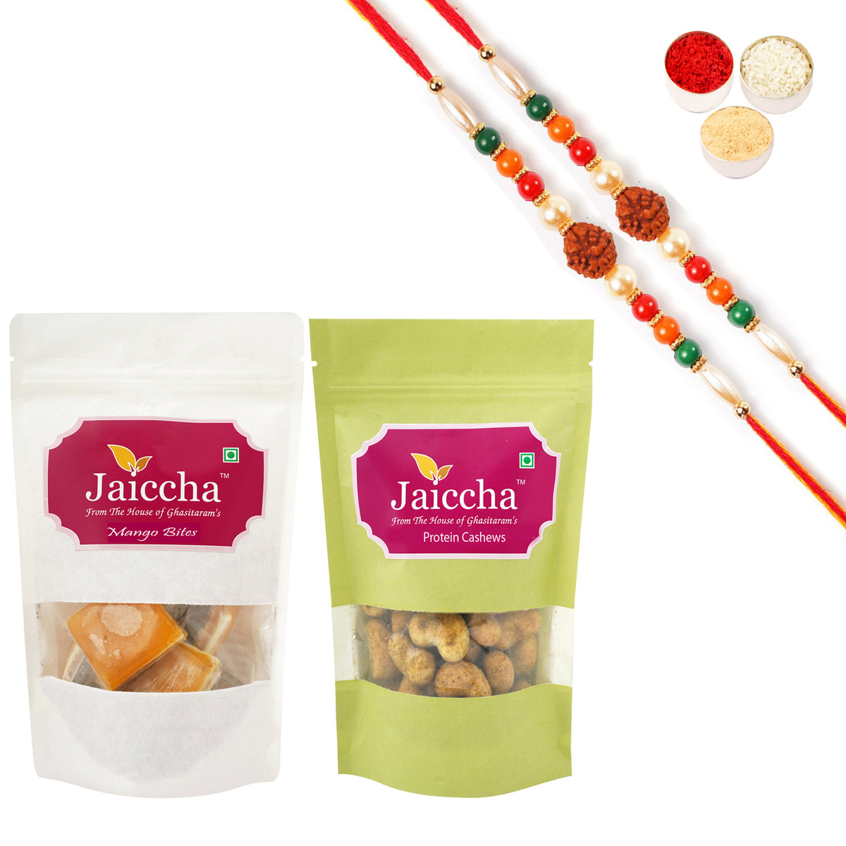 Best of 2 Mango Bites and Barbeque Cashews with 2 Rudraksh Rakhis