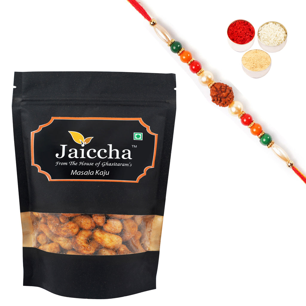 Special Masala Kaju 200 gms in Black Paper Pouch with Rudraksh Rakhi