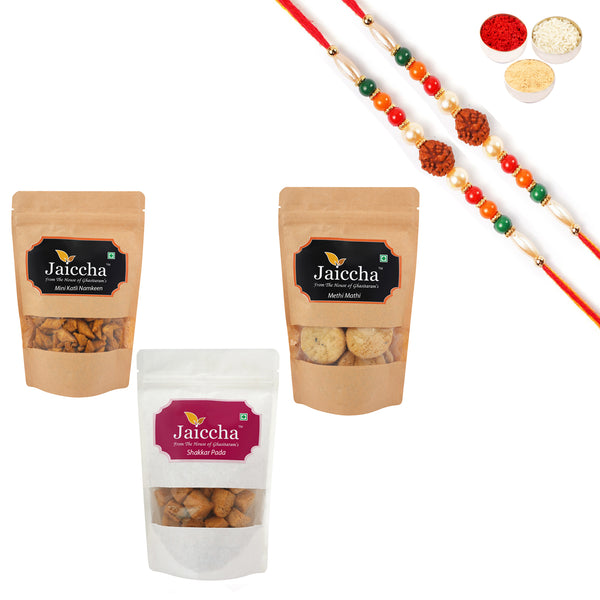 Pack of 3 Methi Mathi, Shakkar Pada and Mini Katli Namkeen with 2 Rudraksh Rakhis