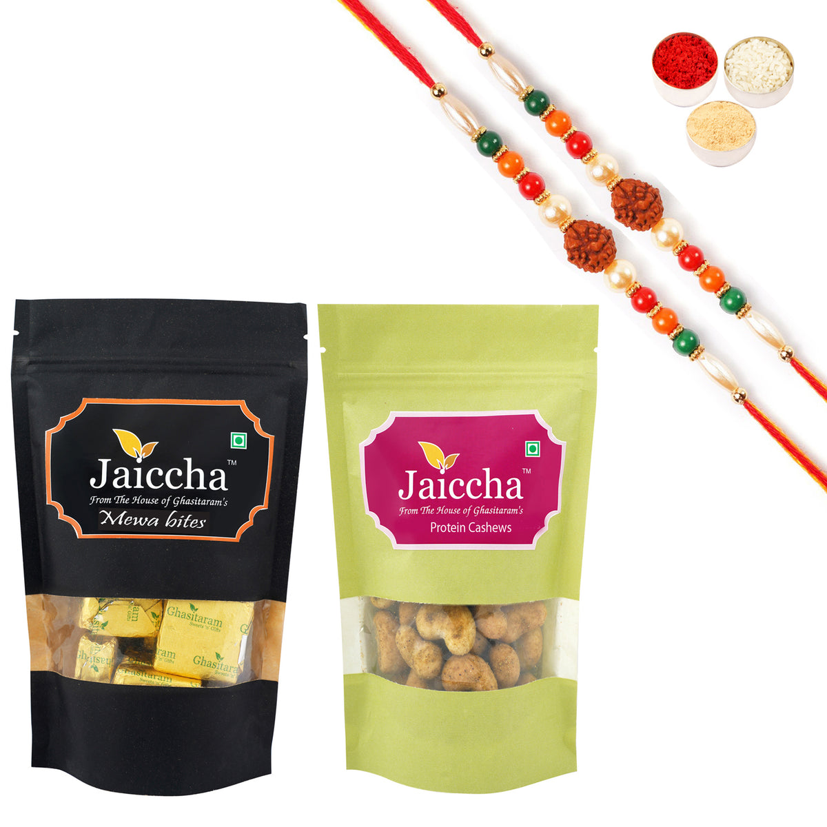 Best of 2 MEWA Bites and Barbeque Cashews with 2 Rudraksh Rakhis