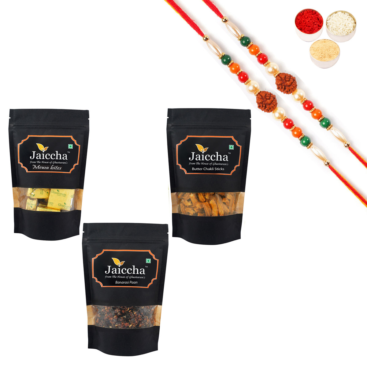 Best of 3 Mewa Bites, Butter Chakli Sticks  and Banarsi Paan with 2 Rudraksh Rakhis