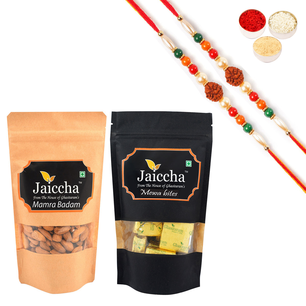 Best of 2 Mewa Bites, and Mamra Almonds with 2 Rudraksh Rakhis
