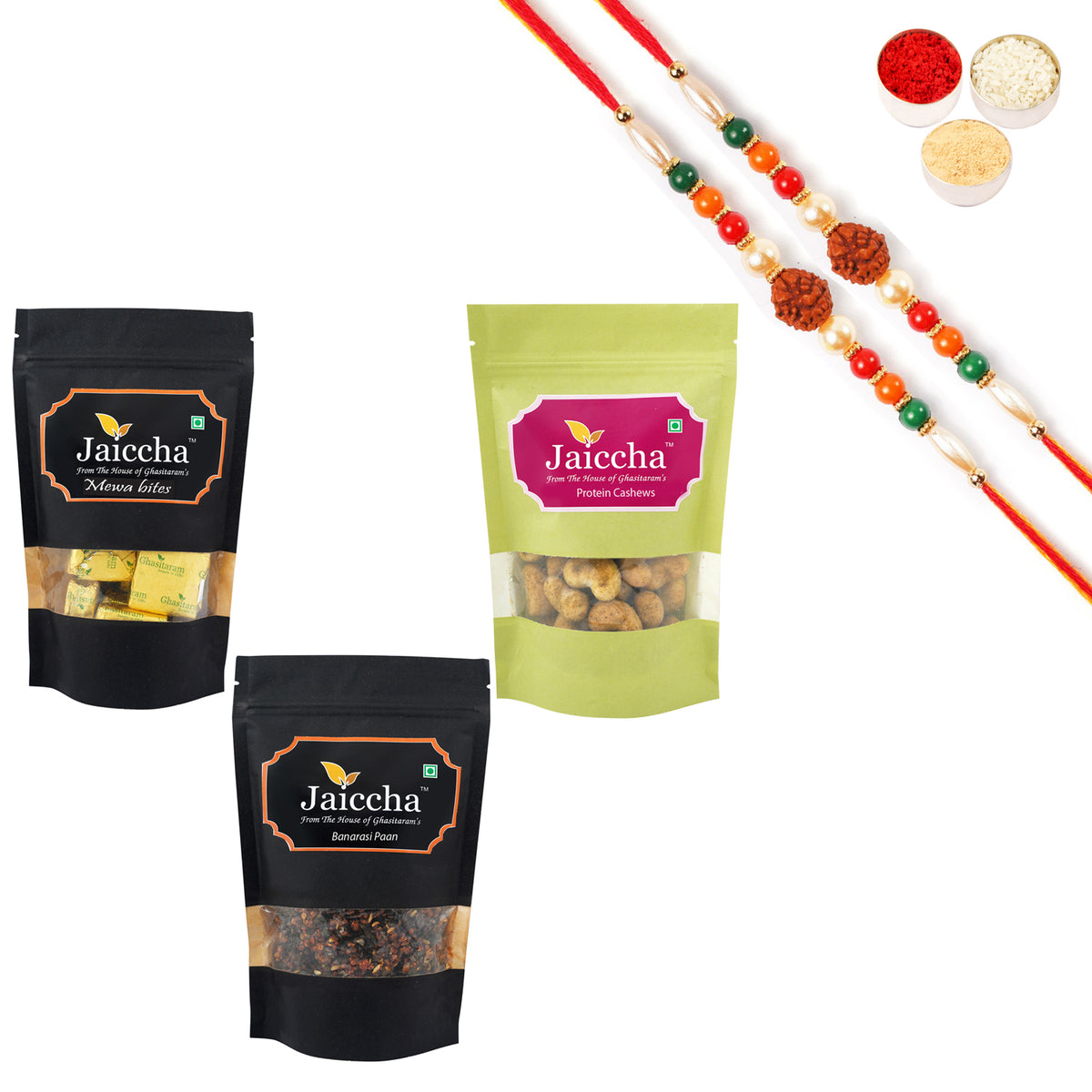 Best of 3 MEWA Bites, Barbeque Cashews and Banarsi Paan with 2 Rudraksh Rakhis