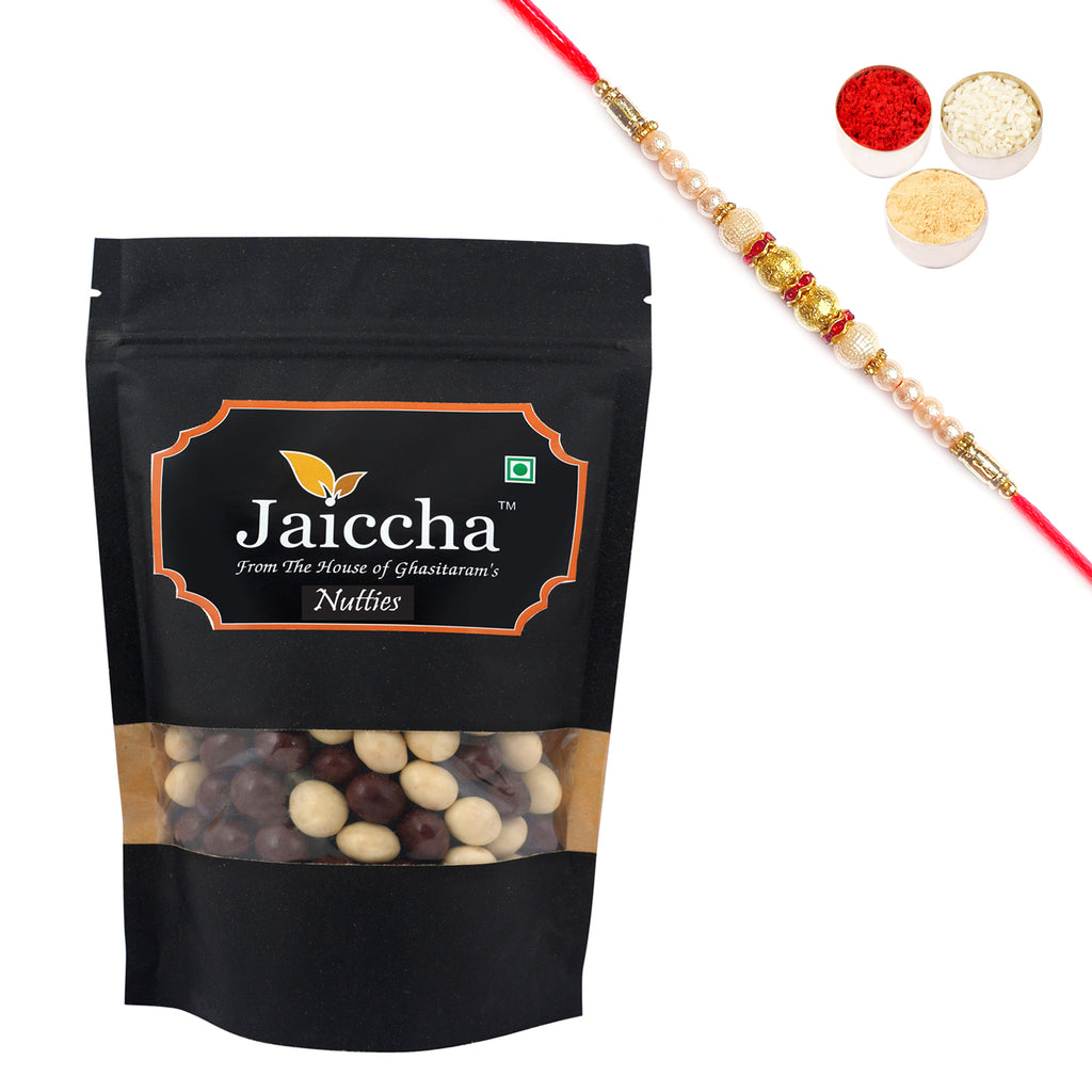 Nutties 200 gms in Black Paper Pouch with Pearl Rakhi