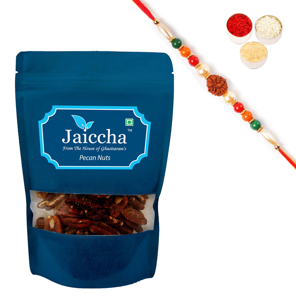 Pecan Nuts 200 gms in White Paper Pouch with Rudraksh Rakhi