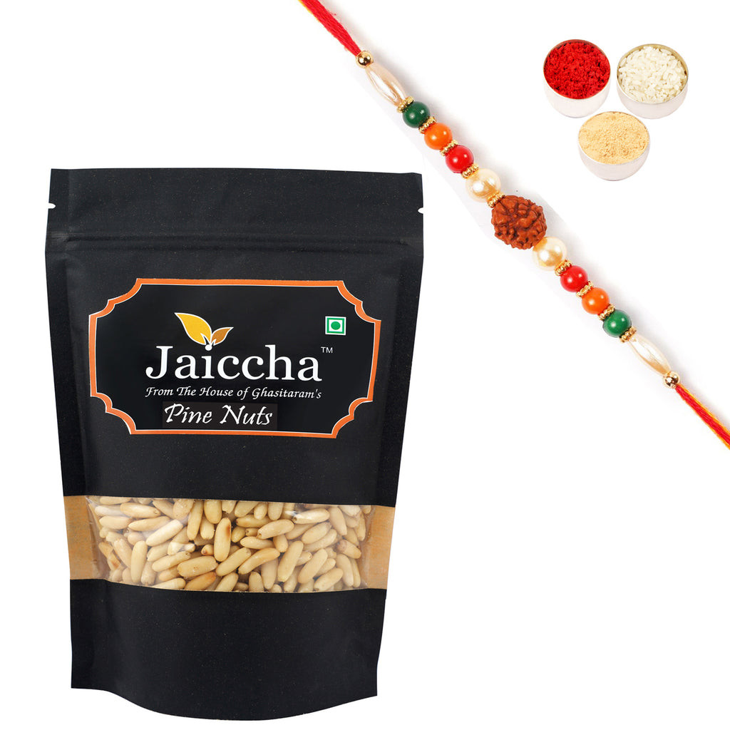 Pine Nuts Without Shell (Chilgoza) 200 gms in Black Paper Pouch with Rudraksh Rakhi
