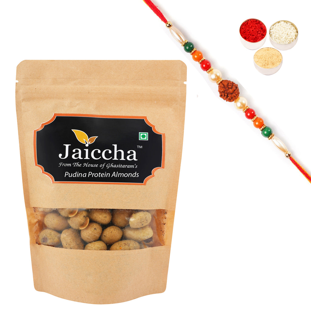 Pudina Protein  Almonds 200 gms in Brown Paper Pouch with Rudraksh Rakhi