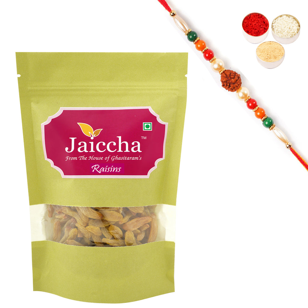 Selected Indian Raisins 200 gms in Green Paper Pouch with Rudraksh Rakhi