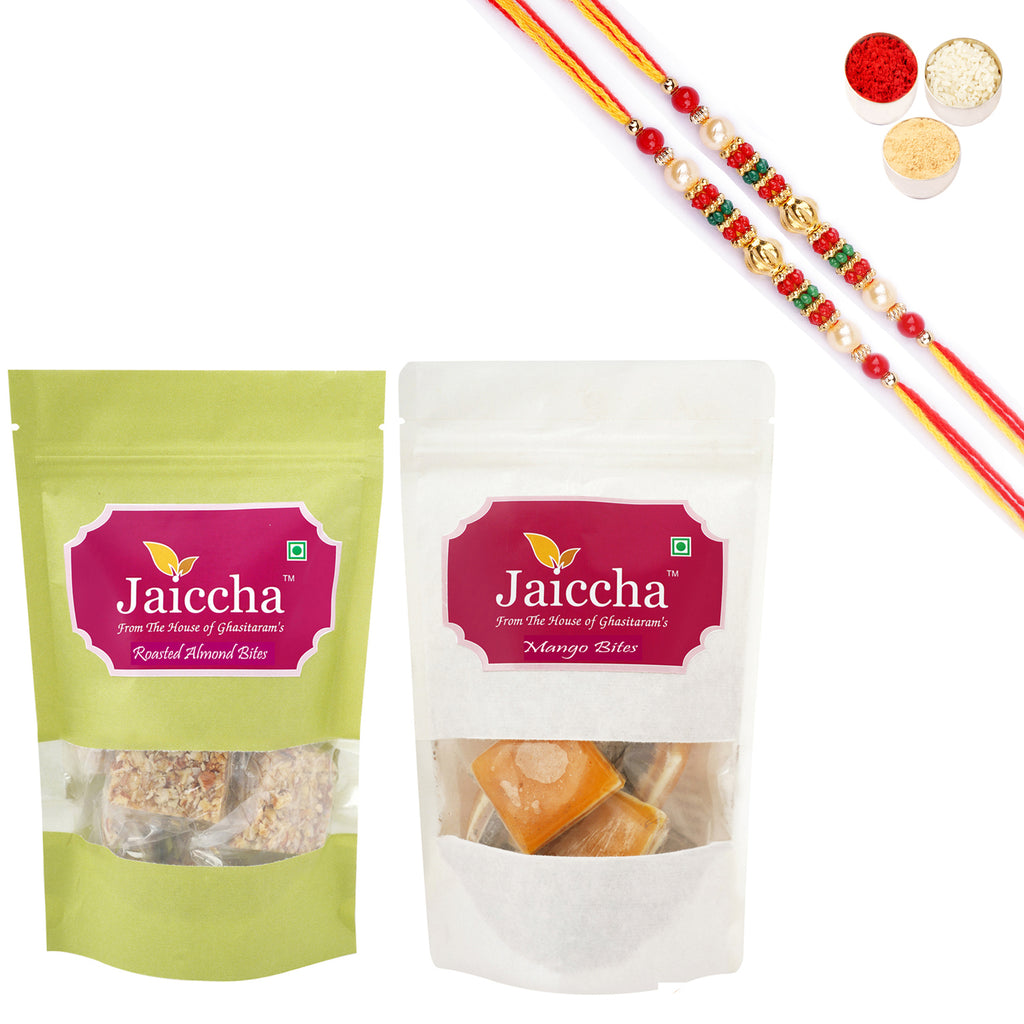 Pack of 2 Roasted Almond Bites 200 gms and Mango Bites 200 gms Pouches with 2 Beads  Rakhis