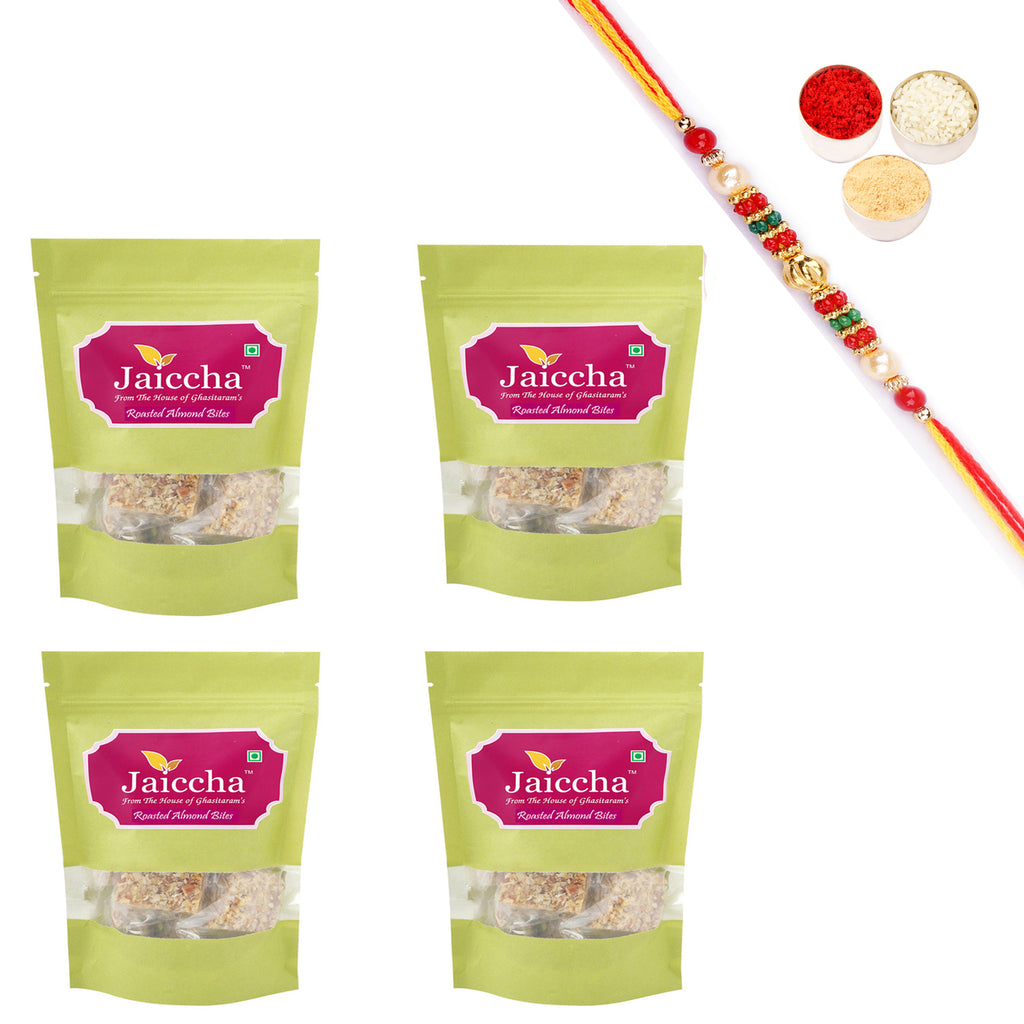 Roasted Almond Bites 800 gms in Green Paper Pouch with Beads  Rakhi