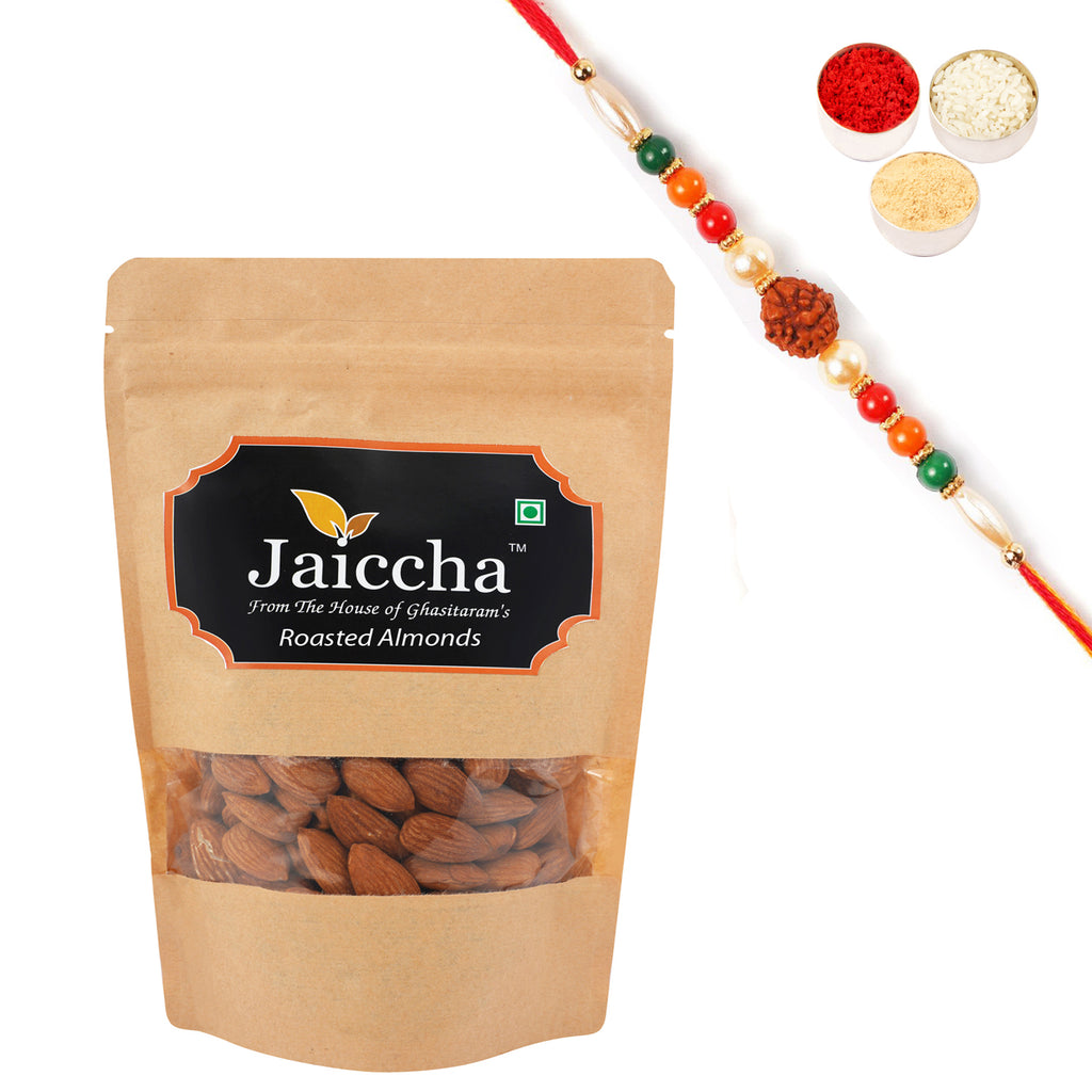 Roasted Salted American/ California Almonds 200 gms in Brown Paper Pouch with Rudraksh Rakhi