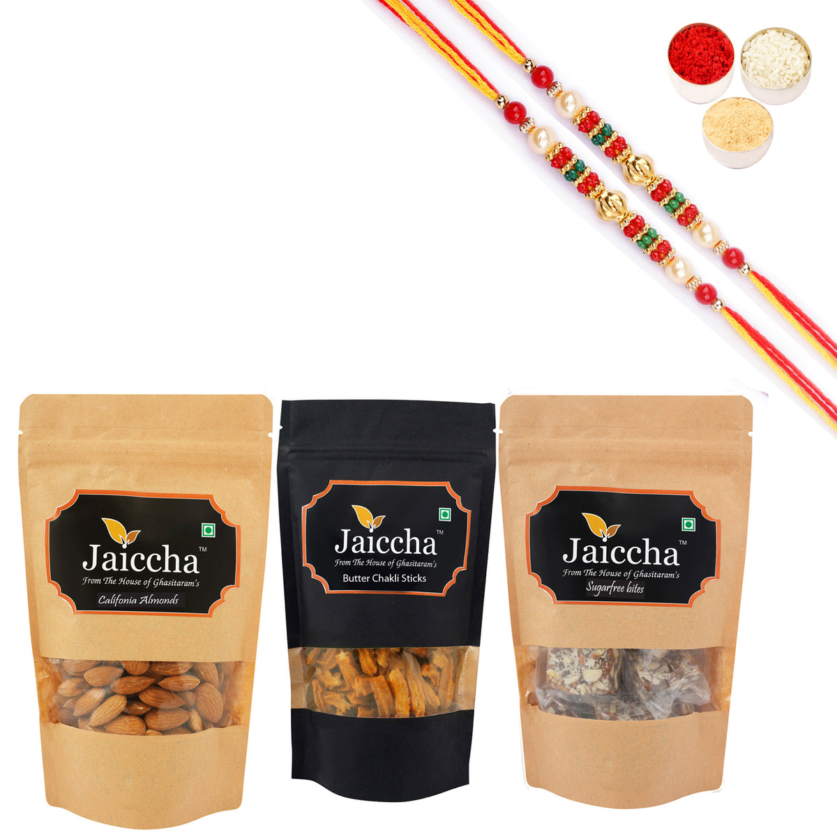 Best of 3 Suagrfree Bites 200 gms, Butter Chakli Sticks 100 gms Pouch and Almonds 100 gms Pouch with 2 Pearl Beads Rakhis