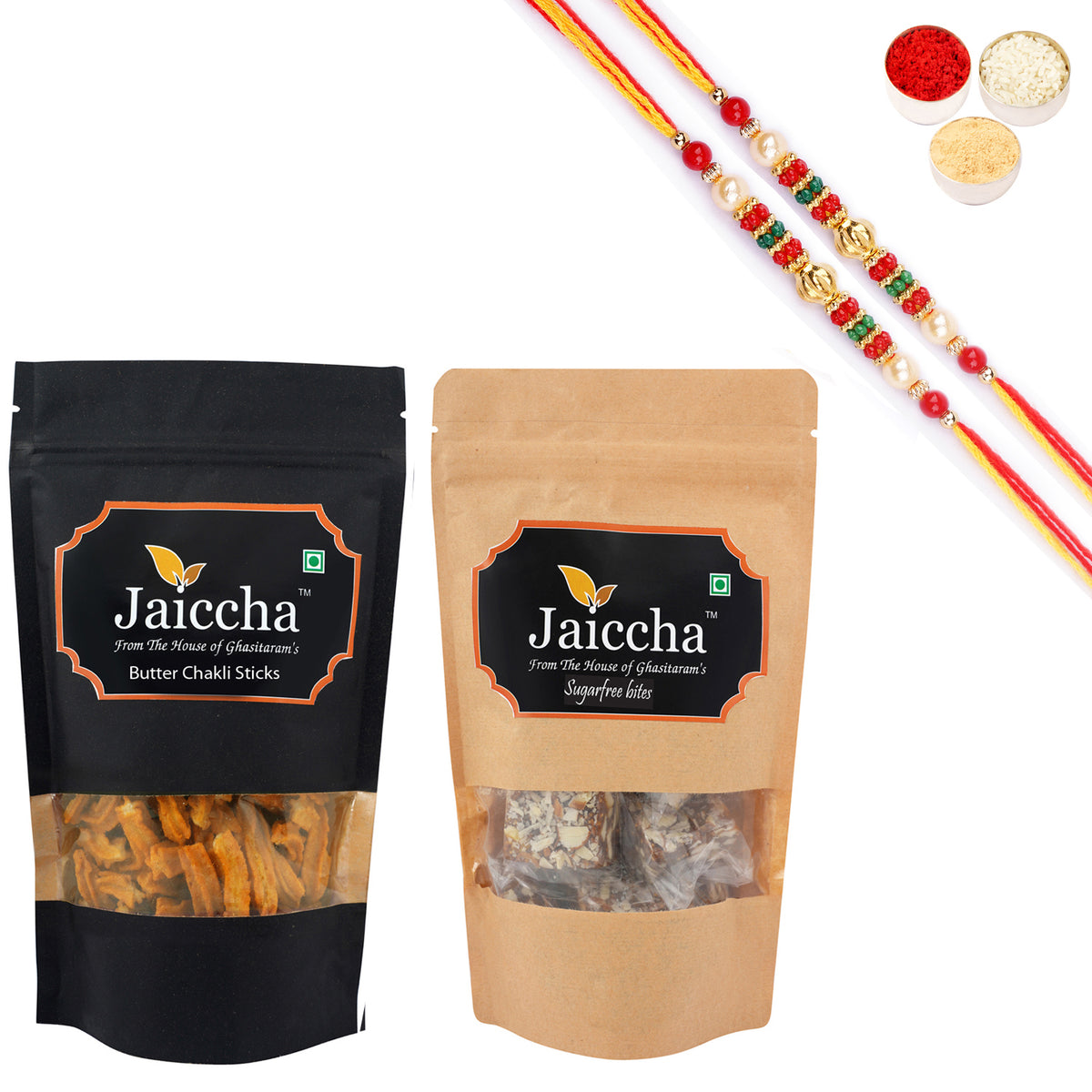 Best of 2 Suagrfree Bites 200 gms and Butter Chakli Sticks 100 gms Pouch with 2 Pearl Beads Rakhis